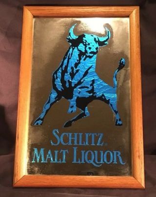 Vintage Schlitz Malt Liquor Beer Bar Mirror Sign Bull Wood Framed 17” X 12”