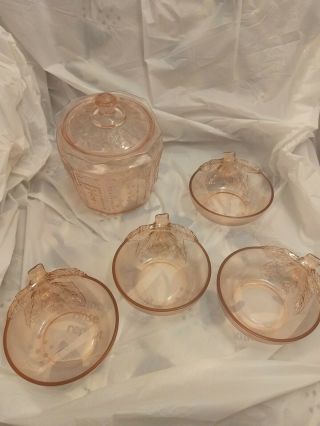 Antique Vintage Pink Depression Glass 9 " Tall Canister Covered Jar & Pink Bowls