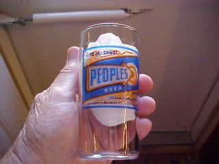Peoples Beer Blue & Yellow Shell Glass Peoples Brewery Oshkosh Wis 5 Inch Tall