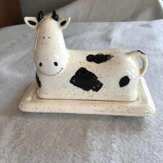 Vintage Ceramic Smiling Cow Hand Painted Butter Dish Black White Speckled