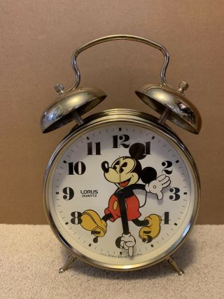 Disney Vintage Mickey Mouse Two Bell Alarm Clock Lorus Quartz Red &black Japan