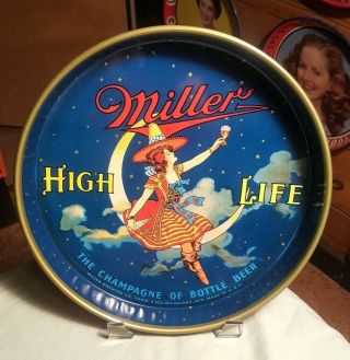 Vtg Miller High Life Beer Girl On The Moon Metal Tin Tray 12 "