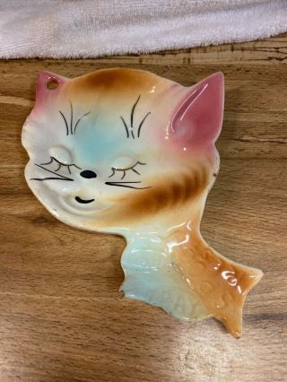 Vintage Cat Kitty Ceramic Spoon Rest Ash Tray Colorful Mid Century 6 1/2 "