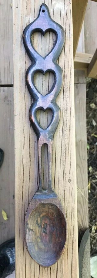 Large 14 - 1/2” Folk Art Carved Triple Heart Wood Sweetheart Or Love Spoon