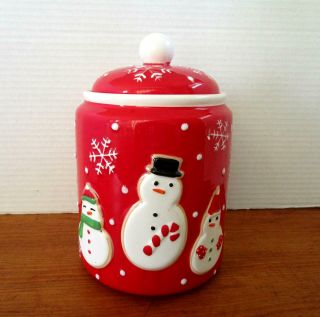 Hallmark Red & White Holiday Snowman Cookie Jar Canister Christmas 9 1/2 "