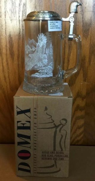 Vintage Domex Bald Eagle Glass Beer Stein With Pewter Lid