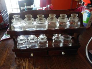 Vintage Wall Hanging Spice Rack With 10 Complete Glass Jars