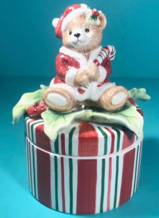 Fitz & Floyd Lidded Teddy Peppermint Christmas Box Green White Candy Dish