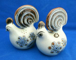 Erandi Mexico Folk Art Pottery Salt Pepper Shakers Chickens Blue Brown Signd Euc