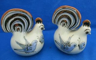 Erandi Mexico Folk Art Pottery Salt Pepper Shakers Chickens Blue Brown Signd EUC 2