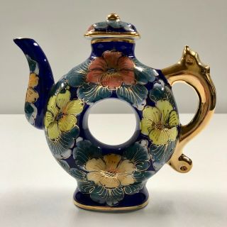 Fine Thai Blue Floral Gold Gilt Donut Hole Lidded Porcelain Teapot Hand Painted