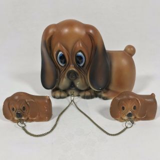 Vintage Big Eyes Hound Dog Figurine With Chain Puppies Japan
