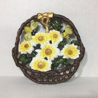 Wrought Cast Iron Painted Daisy & Bee Flower In Basket Footed Trivet Yellow