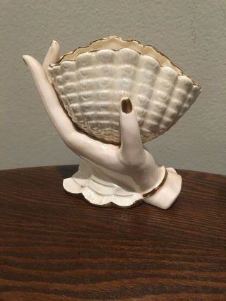 Vintage Ceramic Hand Holding Shell Vase With Gold Trim