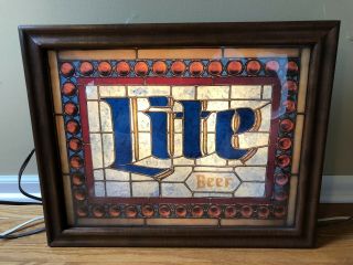 Vintage Miller Lite Beer Lighted Bar Sign - Stained Glass Look