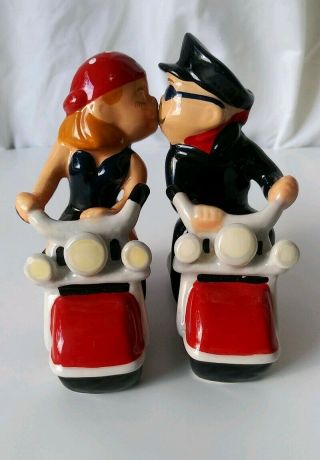 Mwah Kissing Motorcycle Couple Magnetic Salt & Pepper Shaker Set
