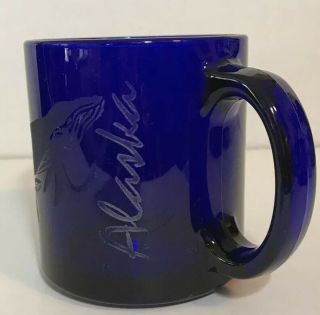 Vintage Cobalt Blue Glass Coffee Mug Etched Whale Alaska Made In Usa Signed Ce