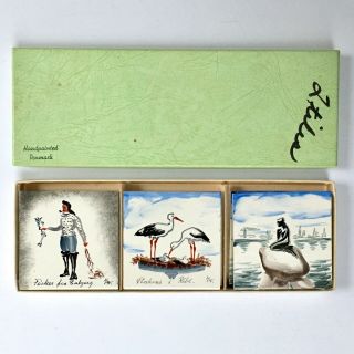 Vintage Folk Art Hand Painted Denmark Ceramic Tile Trivets Set Of 6 Coasters 3 "