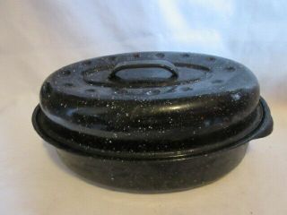 Vintage Small Black Speckled Enamel Roaster Roasting Pan Usa Lid 13 " L X 8 " W