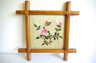 Vintage Embroidery Wall Art Wood Frame Satin Floral Rose Hanging Textile Craft