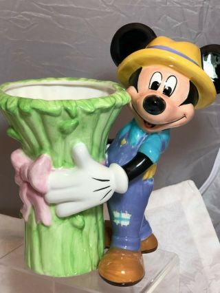 Vintage Disney Gardener In Overalls Mickey Mouse W/ Ftd Flower Vase