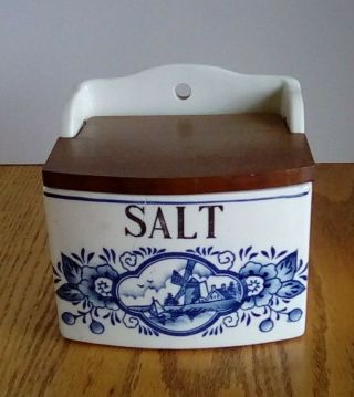 Vintage Ceramic Salt Box With Wooden Lid 5 " Wide