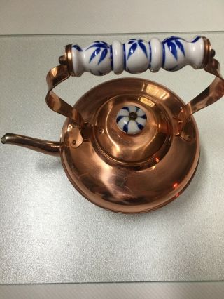 Benjamin Medwin Copper Teapot Tea Kettle Blue & White Porcelain Ceramic Handle