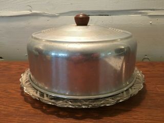 Vintage Aluminum Dome Wood Knob Cake Carrier Saver Glass Plate Snowflake Design