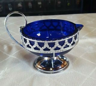 Mayell Cobalt Blue Glass In Silver Plate Cradle Creamer/milk Jug Vintage Vgc