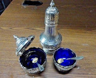 Vintage Silver Plate And Cobalt Salts With Sugar Shaker And Spoons Japan