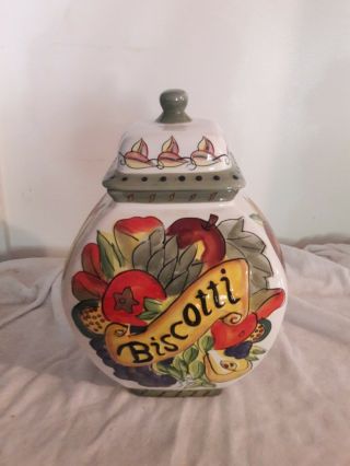 Nonni’s Biscotti Cookie Jar Hand Made With Fruit Motif Canister & Lid 12 " Green