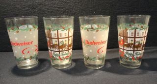 4 Beer Glasses Budweiser Happy Holidays Libbey 16 Oz Heavy Frosted