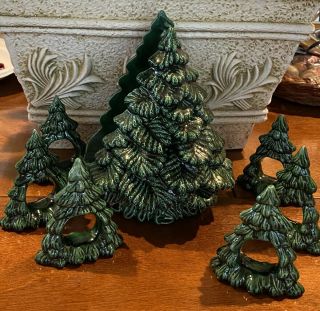 Set Of 6 Vintage Handmade Ceramic Christmas Tree Napkin Rings & Napkin Holder