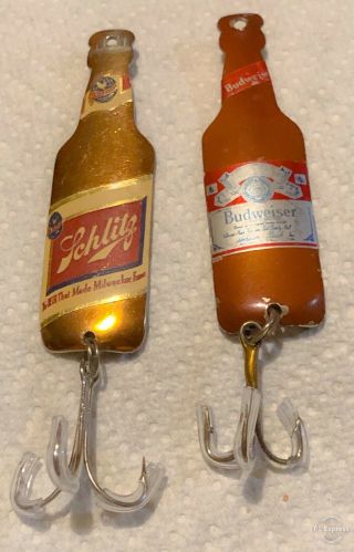 2 Old Metal Beer Bottle Fishing Lure Spoons.  “budweiser & Schlitz”.