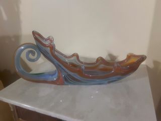Large Hand Blown Glass Bowl With Handle Blue Green Orange Swirl