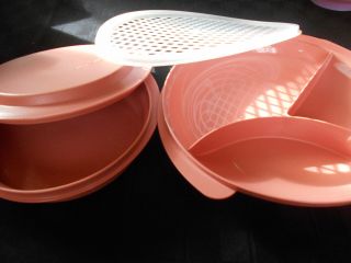 Tupperware Mauve/dusty Rose Reheatables Container & Lid,  Plate,  Strainer 2604