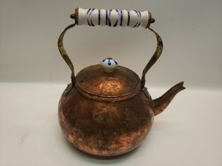 Vintage Copper Teapot Tea Kettle Porcelain Handle Coffee Pot (862)