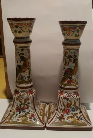 Vintage Candlestick Holder Set Hand Painted In Portugal Peacock & Foral Signed