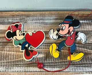 Vintage Disney Mickey & Minnie Mouse Set Of 2 Wooden Christmas Ornaments