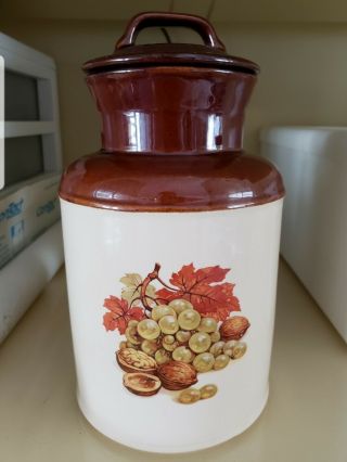 Mccoy 252 Canister Brown Lid Cream Color With Fruit Grapes Walnuts Leafs