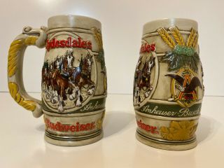 2x Vintage 1983 Anheuser - Busch Budweiser Clydesdales Holiday Stein Mug Set