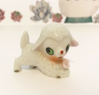 Vintage Kitschy Lamb With Pink Flower Japan Ceramic Figurine Tiny
