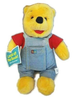 Disney Winnie The Pooh Plush 14 " Story Book Tag 1995 Vintage Overalls Mattel
