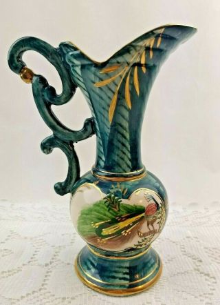 Vintage Porcelain Pitcher Vase Peacock Green & Gold By Sterling China Japan