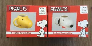 Peanuts Snoopy & Woodstock Face Set Of 2 Sculpted Ceramic Mugs 16 Oz