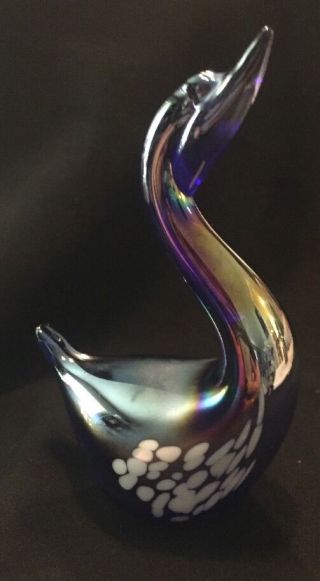 Vintage Blue & Purple Iridescent White Spotted Art Glass Swan Paperweight