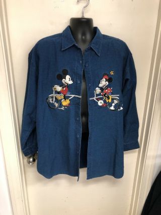 Vintage The Disney Store Mickey And Minnie Mouse Button Up Shirt Xl Blue H - 887