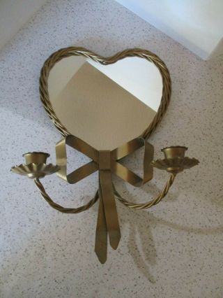Vintage Metal Heart Shaped Wall Mirror With Candle Sconces & Bow,  Very Pretty