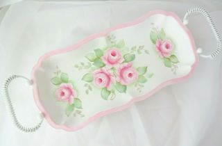 Bydas Dbl Handle Pink Roses Tray Hp Hand Painted Chic Shabby Vintage Cottage Art