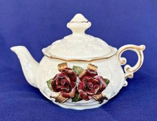White Miniature Porcelain Teapot By Cornerstone Creations W/ Rose Design 3.  5  J2